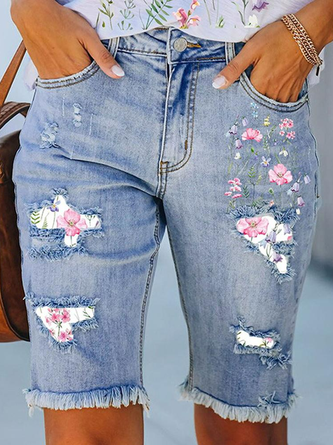 Floral Denim Loose Casual Denim Shorts