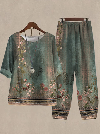 Loose Buttoned Boho Floral Two-Piece Set