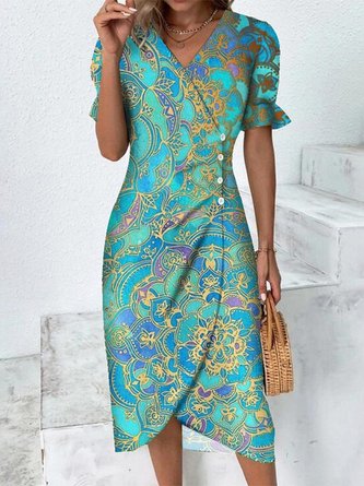 Ethnic Flounce Sleeve Wrap Hem Dress | justfashionnow