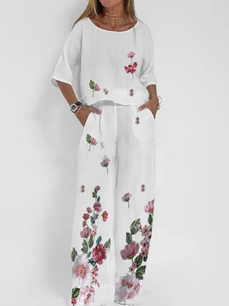 Crew Neck Floral Casual Two-Piece Set