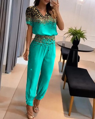 Casual Crew Neck Leopard Two-Piece Set