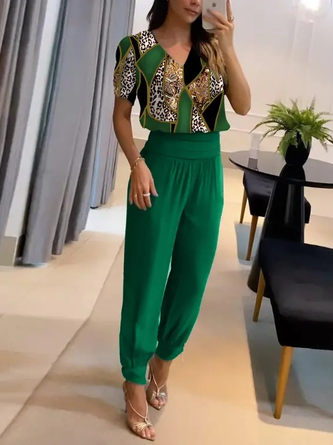 V Neck Casual Color Block Two-Piece Set