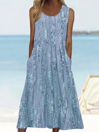 Floral Vacation Loose Dress Blue Tank Dress