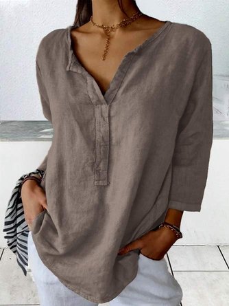 Women's V-neck 3/4 sleeves Plain Linen Shirt