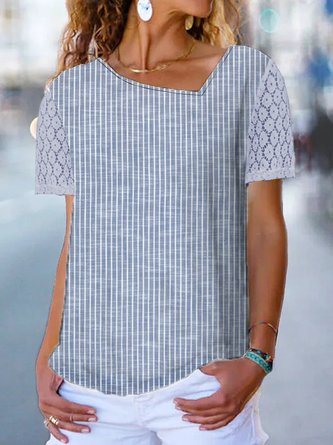 Asymmetrical Casual Striped Loose Lace Sleeve T-Shirt