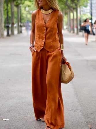 Cotton Buttoned Plain Casual Two-Piece Set