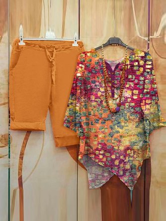 V Neck Ombre Vacation Loose Two-Piece Set