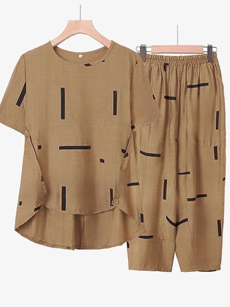 Crew Neck Linen Casual Geometric Two-Piece Set