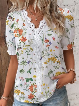 Rustic Floral/Lace Panel Loose Short Sleeve Top