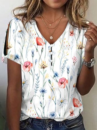 V Neck Loose Floral Casual T-Shirt