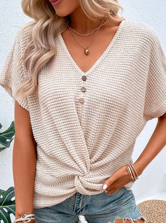 Buttoned Loose Plain Twist Front Batwing Sleeve Waffle Knit Tee