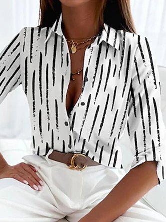 Striped Casual Shirt Collar Blouse