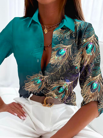 Casual Shirt Collar Feather Pattern Blouse | justfashionnow