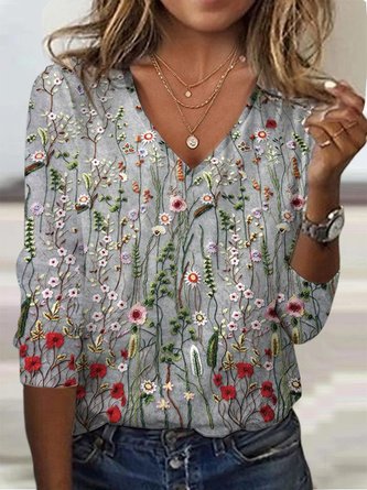 Crew Neck Floral Casual Knitted T-Shirt