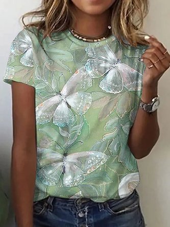 Casual Butterfly Cotton Crew Neck T-Shirt