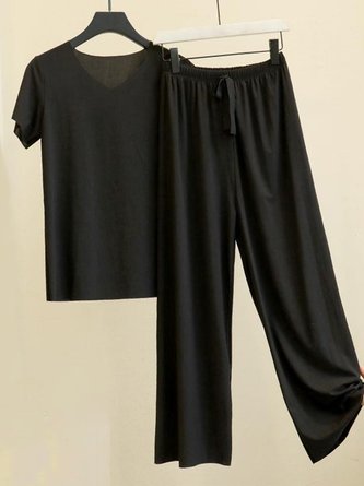 Plain Casual Short Sleeve V Neck Top With Pants Two-Piece Set