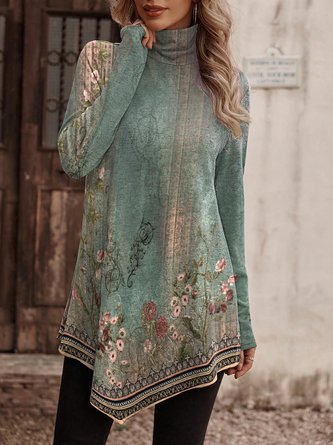 Turtleneck Floral Casual Asymmetric T-Shirt
