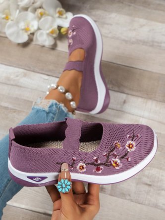 Floral Embroidery Breathable Slip On Mary Jane Flyknit Sneakers