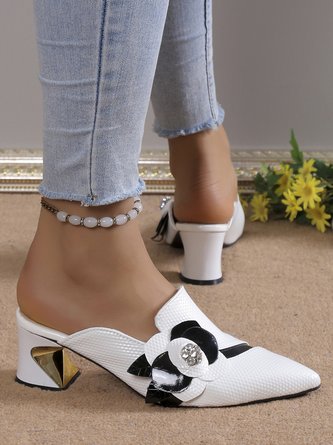 Elegant Floral Rhinestone Chunky Heel Mules