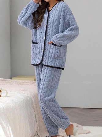 Plain Casual Fluff/Granular Fleece Fabric Two-Piece Set