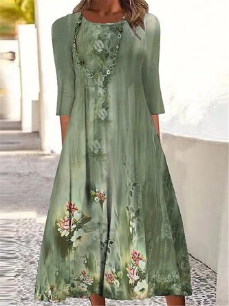 Casual Loose Floral Crew Neck Dress With No