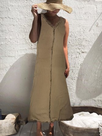 Cotton And Linen V Neck Sleeveless Dress