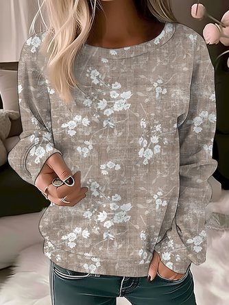 Casual Crew Neck Loose Floral Sweatshirt