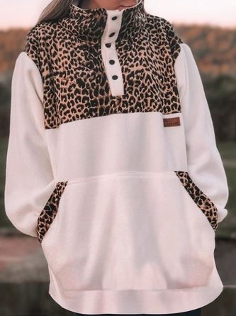 Leopard Turtleneck Casual Buttoned Sweatshirt
