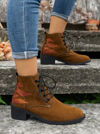 Vintage Abstract Printed Faux Suede Lace-Up Classic Boots