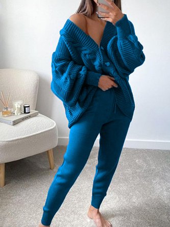Plain V Neck Casual Two-Piece Set