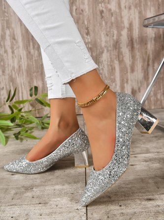 Women Glitter Point Toe Chunky Heeled Shallow Pumps