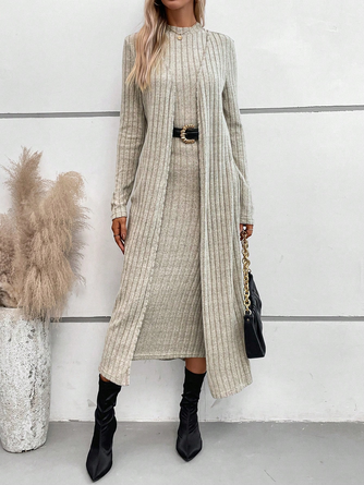Knitted Casual Plain Solid Open Front Coat & Tank Dress Two-Piece Set