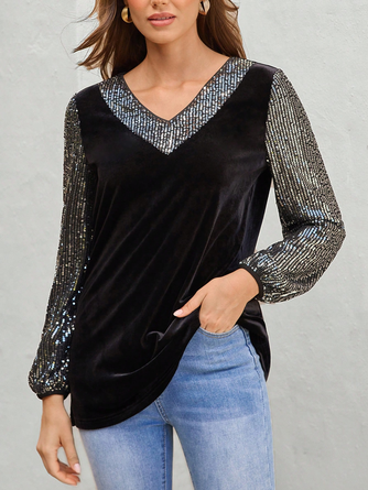 Loose Casual V Neck Contrast Sequin Lantern Sleeve Velvet Shirt