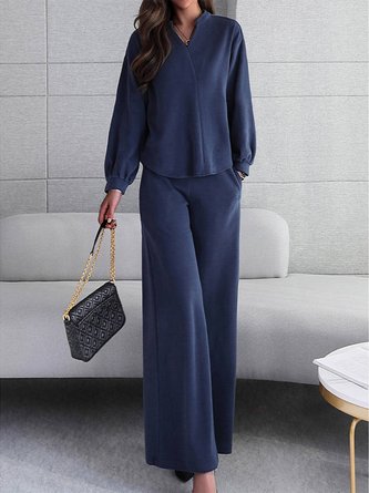 Simple V Neck Plain Two-Piece Set