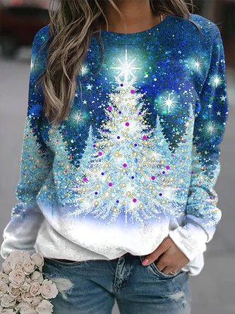 Casual Christmas Tree Cotton-Blend Crew Neck Sweatshirt