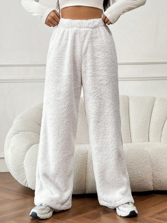 Fluff/Granular Fleece Fabric Casual Solid Elastic Waist Teddy Wide Leg Pants