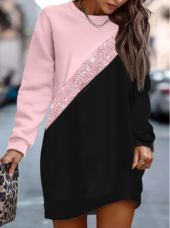 Casual Contrast Stitching Crew Neck Glitter Dress