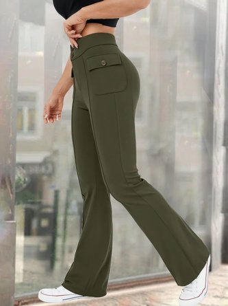 Plain Regular Fit Casual High Waisted Button Side Flap Pocket Flare Casual Cargo Pants
