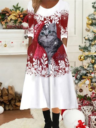 Crew Neck Snowflake And Cat Casual Loose Dress