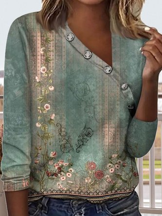 Casual Loose Asymmetrical Collar Ethnic T-Shirt
