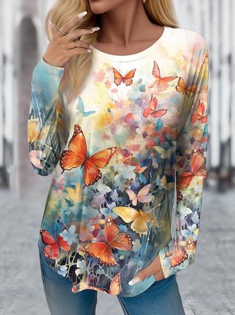 Butterfly Crew Neck Casual Knitted T-Shirt