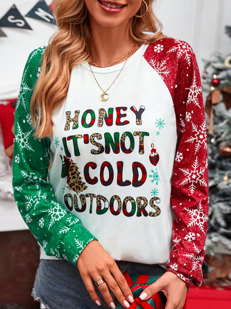 Crew Neck Christmas Casual Knitted Christmas Print Raglan Sleeve T-Shirt