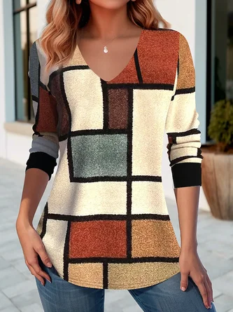 V Neck Casual Color Block T-Shirt