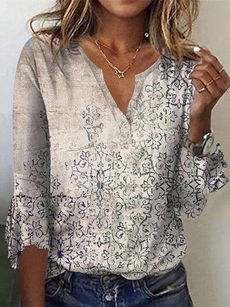 Casual Loose Ethnic V Neck T-Shirt