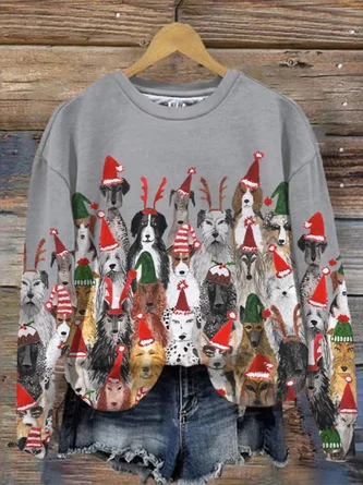 Loose Casual Dog Christmas Crew Neck Sweatshirt