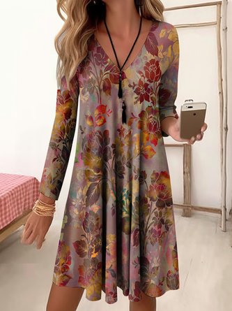 Casual Loose V Neck Floral Dress