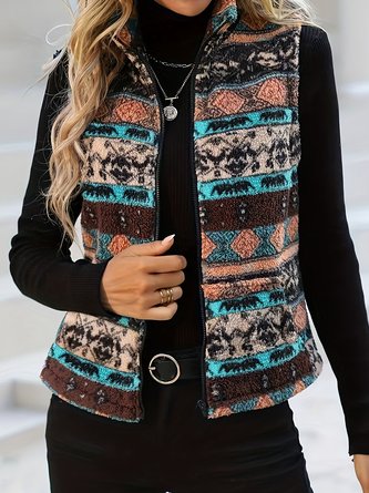 Vintage Fluff/Granular Fleece Fabric Ethnic Stand Collar Vest