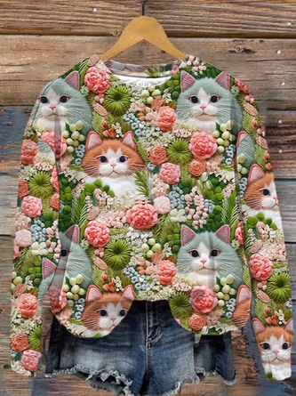 3D Digital Print Cat Loose Crew Neck Casual Sweatshirt