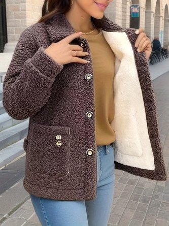 Shawl Collar Plain Casual Teddy Jacket