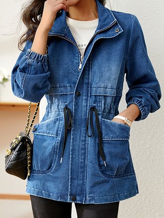 Casual Shawl Collar Drawstring Plain Denim Coat